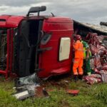 Carreta com carga de ração animal tomba no trevo da BR-365 com BR-154 em Ituiutaba