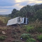 Caminhão carregado com carne sai da pista, cai em vala e mobiliza operação na MGC-497