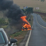 Carro que vinha de manutenção pega fogo e fica destruído na BR-365, em Uberlândia